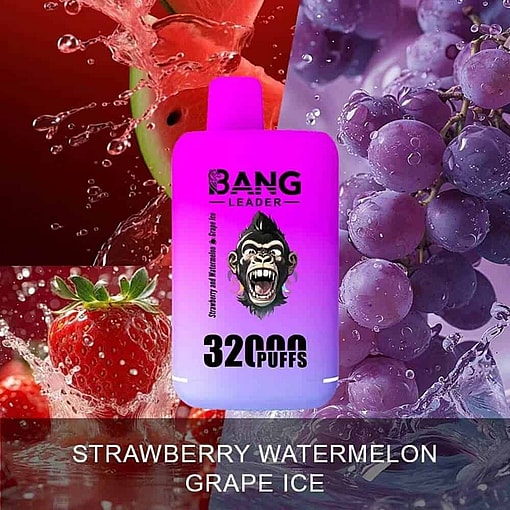 Bang Leader Vape Device Labeled '3200 Puffs' With A Gorilla Illustration, Surrounded By Splashing Strawberries, Watermelon, And Grapes, Promoting The Flavors Strawberry, Watermelon, And Grape Ice.