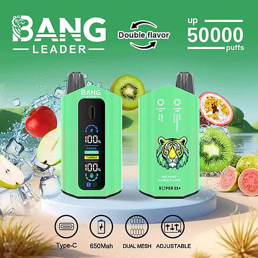Promotional Image For Bang Leader Disposable Vape, Featuring Two Green Vape Devices With Electronic Displays, Surrounded By Ice Cubes, Apples, Kiwis, Strawberries, And Passion Fruit, Highlighting Double Flavor, Up To 50,000 Puffs, Type-C Charging, 650Mah Battery, Dual Mesh Coil, And Adjustable Settings.
