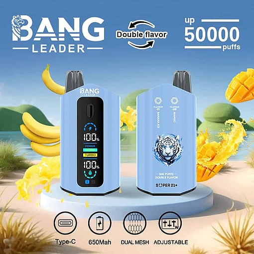 Two Blue Bang Leader Vape Devices With Digital Displays, Surrounded By Illustrations Of Bananas And Mangoes, Highlighting Double Flavor, Up To 50,000 Puffs, And Key Features Like Type-C Charging, 650Mah Battery, Dual Mesh, And Adjustable Settings.