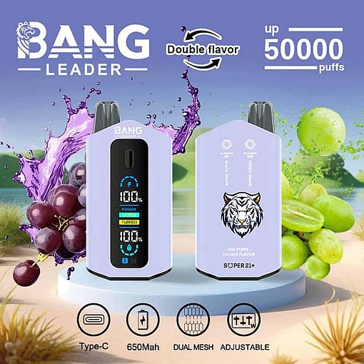 Bang Leader Vape Devices With Digital Displays, Featuring Dual Flavors (Black Grape And Green Grape), A Tiger Logo, And Icons Highlighting Type-C Charging, 650Mah Battery, Dual Mesh Coils, And Adjustable Airflow, Set Against A Background With Grapes And Juice Splashes.
