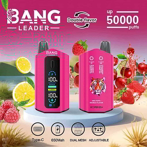 Promotional Image For A Pink Bang Leader Vape Displaying Its Type-C Charging, 650Mah Battery, Dual Mesh, Adjustable Features, Double Flavor Option, Up To 50,000 Puffs, With Images Of Lemons, Raspberries, And Cherries In The Background.