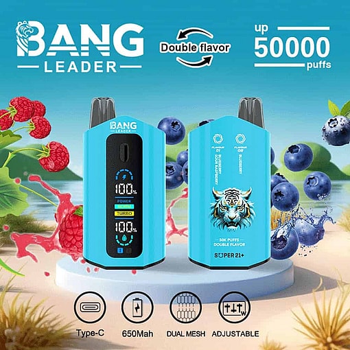Bang Leader Vape Devices In Blue With A Tiger Graphic, Featuring Digital Screens, Double Flavor Option, Up To 50,000 Puffs, Usb Type-C Charging, 650Mah Battery, Dual Mesh System, And Adjustable Settings, Set Against A Background Of Raspberries, Blueberries, And A Beach Scene.
