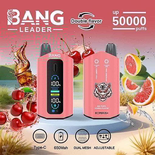 Bang Leader Vape Device In Pink With Digital Display, Surrounded By Images Of Cola, Cherries, And Grapefruit, Showcasing Double Flavor And Up To 50,000 Puffs, With Icons For Type-C Charging, 650Mah Battery, Dual Mesh, And Adjustable Settings.