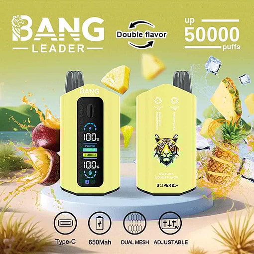 Advertisement For Bang Leader Vape Device Showing Two Yellow Vape Units, Digital Screen, Tiger Illustration, And Highlighting Features Like Double Flavor, Up To 50,000 Puffs, Type-C Charging, 650Mah Battery, Dual Mesh Coils, And Adjustable Options, With Splashing Fruit And Ice Cubes In The Background.