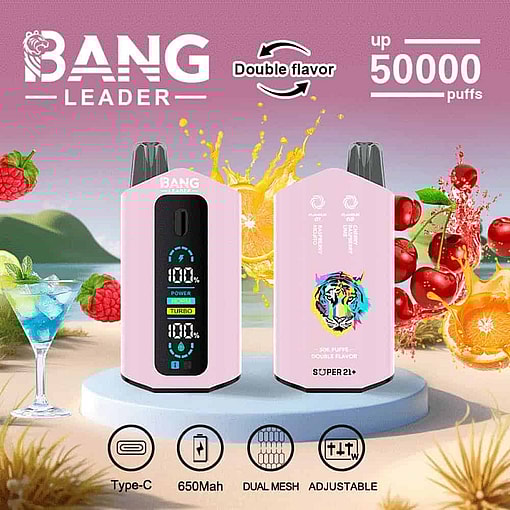 Bang Leader Disposable Vape Devices With A Digital Display And Pink Casing, Featuring Dual Flavors, Fruit And Drink Graphics, And Highlighted Specifications Like 50,000 Puffs, 650Mah Battery, Type-C Charging, Dual Mesh Coils, And Adjustable Settings.