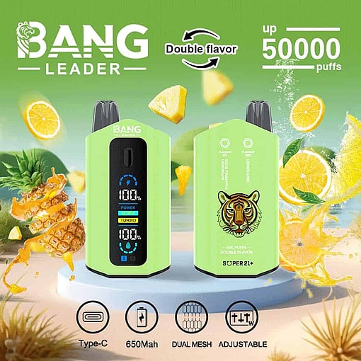 Promotional Image For Bang Leader Vape Devices Showing Two Green Vapes, Pineapple And Citrus Fruit Accents, Tiger Logo, And Features Like Double Flavor, 50,000 Puffs, Type-C Charging, 650Mah Battery, Dual Mesh, And Adjustable Settings.