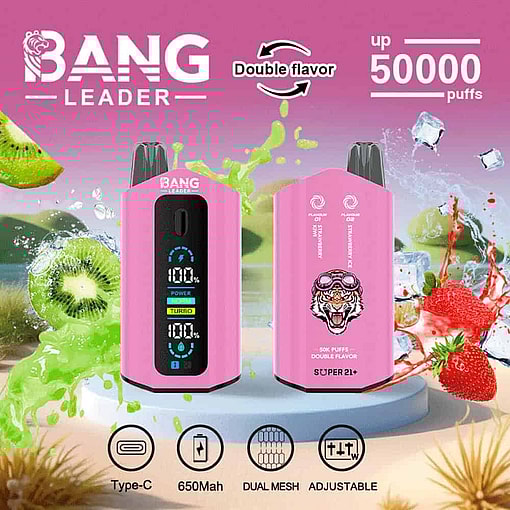 Promotional Image For The Bang Leader Disposable Vape Device In Pink, Featuring Two Devices With Digital Displays, Fruit Flavors Like Kiwi And Strawberry, Ice Cubes, And Key Features Such As 50,000 Puffs, Double Flavor, Type-C Charging, 650Mah Battery, Dual Mesh, And Adjustable Settings.
