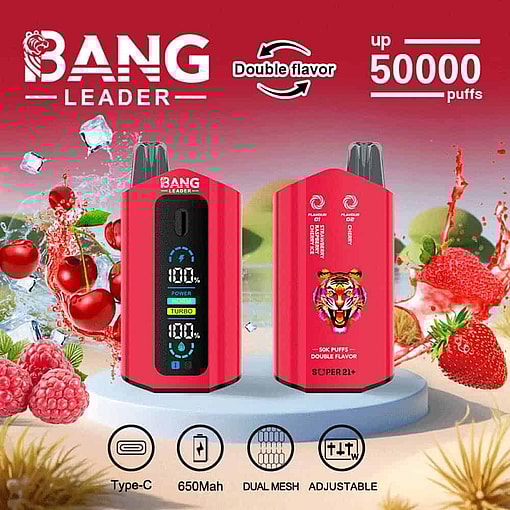 Bang Leader Double Flavor Vape Device In Red, Featuring A Digital Display And A Tiger Graphic, Surrounded By Splashing Fruit Including Strawberries, Cherries, Raspberries, And Ice Cubes, With Text Highlighting 50,000 Puffs, Usb Type-C Charging, 650Mah Battery, Dual Mesh, And Adjustable Settings.