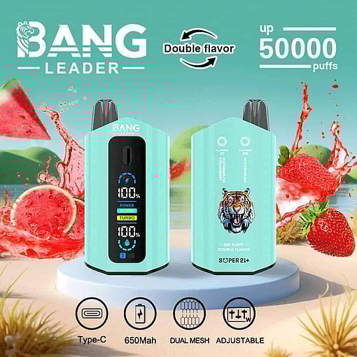 Promotional Image For Bang Leader Vape Device Featuring Two Turquoise Vapes With Digital Displays, Surrounded By Splashing Watermelon And Strawberry, Highlighting Dual Flavors, 50,000 Puffs, Type-C Charging, 650Mah Battery, Dual Mesh, And Adjustable Settings.