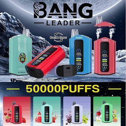 Advertisement For Bang Leader 50000 Vape Devices Featuring Multiple Colorful E-Cigarettes With Digital Displays, Labeled As Double Flavor And Promising Up To 50,000 Puffs, Set Against A Snowy, Icy Landscape.