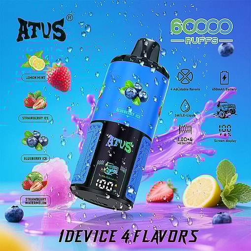 Promotional Image For Afus Vape Device, Highlighting Four Flavors (Lemon Mint, Strawberry Ice, Blueberry Ice, And Strawberry Watermelon) With A Large Blue Vape Device In The Center, Surrounded By Fruits And Product Features Such As 6000 Puffs, 650Mah Battery, Adjustable Flavors, E-Liquid Capacity, Mesh Coil, And Screen Display.