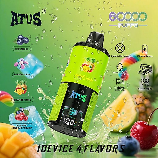Colorful Promotional Image For An Afus Vape Device Featuring A Large Vape With Water Droplets, Fruit And Candy Graphics Representing Four Flavors—Blue Razz Ice, Rainbow Sugar, Pineapple Mango, And Blueberry Raspberry Cherry—Alongside Text And Icons Highlighting 6000 Puffs, 650Mah Battery, Adjustable Flavors, And Mesh Coil Features.