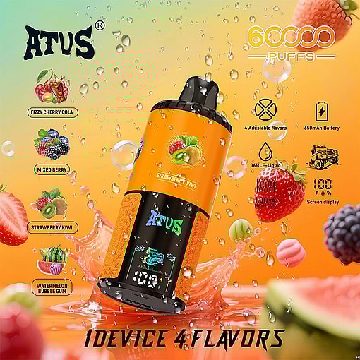 Promotional Image For Atus Vape Device Featuring Four Flavors (Fizzy Cherry Cola, Mixed Berry, Strawberry Kiwi, Watermelon Bubble Gum), Highlighting 6000 Puffs, 650Mah Battery, Mesh Coil, 36Ml E-Liquid, Adjustable Flavors, And A Screen Display, With Vibrant Fruits And Water Droplets In The Background.