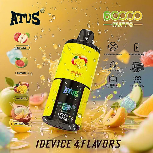 Promotional Image For An Atus Vape Device Featuring Four Flavors (Apple Ice, Guava Ice, Mango Ice, Cantaloupe Ice), Displaying The Vape Pen Surrounded By Fruit And Water Droplets, And Highlighting Features Such As 6000 Puffs, Adjustable Flavors, 650Mah Battery, 36Ml E-Liquid, Mesh Coil, And Screen Display.