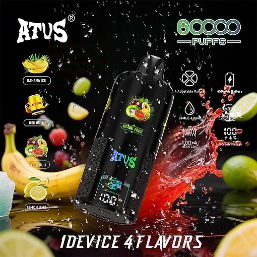 Promotional Image For Afus Vape Device Showing A Black Vape Pen Surrounded By Splashes Of Juice And Fruit, Advertising 60,000 Puffs, Four Flavors (Banana Ice, Red Bull, Mixed Fruit, Lemon Lime), And Features Like Adjustable Flavors, 650Mah Battery, 36Ml E-Liquid, Mesh Coil, And A Screen Display.