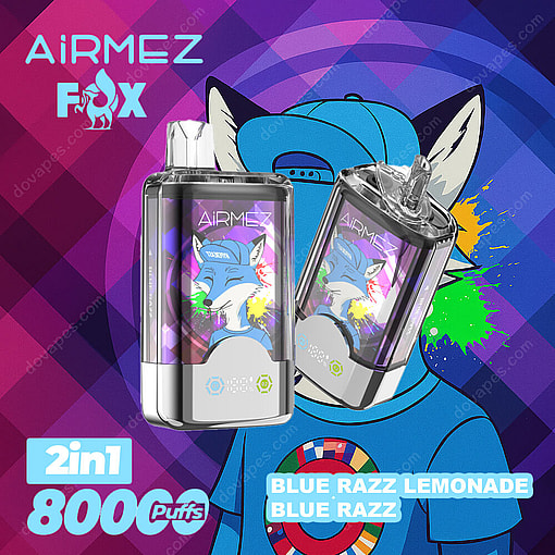 Promotional Image For Airmez Fox Vape Devices Featuring Two Vape Units In The Foreground, A Cartoon Fox In A Blue Cap And Shirt With Colorful Splashes In The Background, And Text Highlighting 2-In-1 Flavor Options, 8000 Puffs, And Flavors Blue Razz Lemonade And Blue Razz.