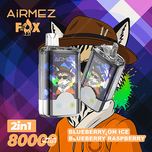 Promotional Image For Airmez Fox Vape Featuring Two Vape Devices With A Cartoon Fox In Sunglasses And A Hat On Their Labels, Set Against A Colorful Geometric Background, Highlighting Blueberry On Ice And Blueberry Raspberry Flavors And 8000 Puffs Capacity.
