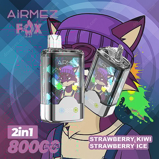 Promotional Image For Airmez Fox Vape Featuring Two Vape Devices With A Cartoon Fox In A Purple Beanie On The Labels, And Text Highlighting 2-In-1 Flavors (Strawberry Kiwi, Strawberry Ice) And 8000 Puffs.