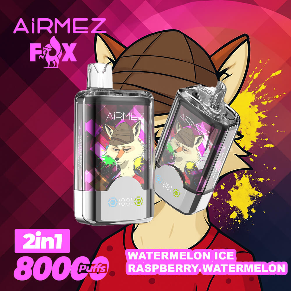 Promotional Image For Airmez Fox Vape With A Cartoon Fox Character, Two Vape Devices Featuring The Fox, And Text Highlighting Watermelon Ice And Raspberry Watermelon Flavors, 2-In-1 Design, And 8000 Puffs.