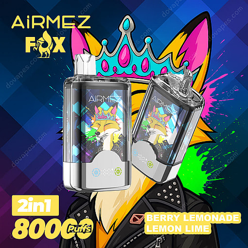 Promotional Image For Airmez Fox Vape Showing Two Vape Devices With Colorful Fox Illustrations, Featuring The Flavors Berry Lemonade And Lemon Lime, Labeled As 2-In-1 With 8000 Puffs.