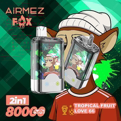 Promotional Image For Airmez Fox Vaping Device Featuring Two Devices With A Cartoon Fox In A White Beanie And Red Shirt, Alongside Product Details Like '2In1', '8000 Puffs', And Flavors 'Tropical Fruit' And 'Love 66'.