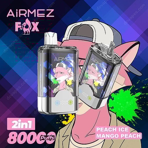 A Promotional Image For Airmez Fox 2-In-1 Vape Device Featuring Flavors Peach Ice And Mango Peach, With Two Vape Devices In Front Of A Cartoon Fox Character Wearing A Cap, On A Graphic Background With Text Highlighting 8000 Puffs.