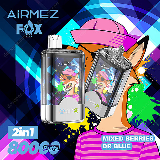 Promotional Image For Airmez Fox Vaping Device Featuring Two Vape Pens With A Cartoon Fox In Sunglasses And A Pink Hat, Against A Colorful Geometric Background, With Text Highlighting '2 In 1', '8000 Puffs', And Flavor Options 'Mixed Berries' And 'Dr Blue'.