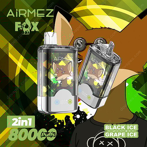 Promotional Image For Airmez Fox 2-In-1 Disposable Vape Device Featuring Black Ice And Grape Ice Flavors, With Illustrated Fox Character And Bold Yellow-Green Graphic Background.