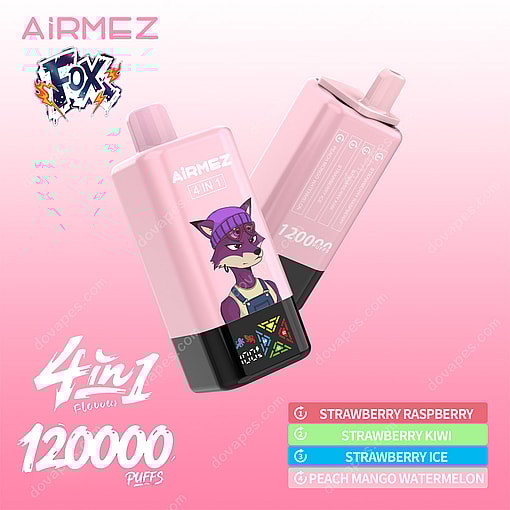 Pink Airmez Fox 4-In-1 Vape Device Featuring A Cartoon Fox In A Beanie And Overalls, Highlighting 120,000 Puffs And Four Flavors: Strawberry Raspberry, Strawberry Kiwi, Strawberry Ice, And Peach Mango Watermelon, On A Pink Gradient Background With Branding.