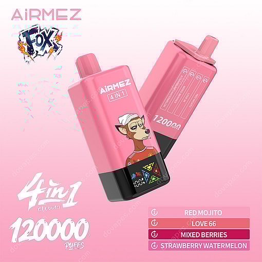 Two Pink Airmez 4-In-1 Disposable Vape Devices Featuring A Cartoon Dog Wearing Glasses And A Beanie, With 120,000 Puffs And Four Flavors Listed: Red Mojito, Love 66, Mixed Berries, And Strawberry Watermelon, Displayed On A Pink Gradient Background With Fox Branding.
