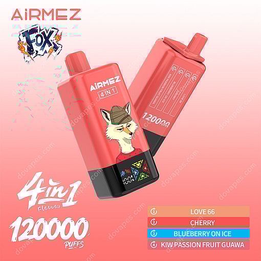 Airmez Fox 4-In-1 Disposable Vape Device In Red With A Cartoon Fox Graphic, Flavor Indicators, And A List Of Four Flavors: Love 66, Cherry, Blueberry On Ice, And Kiwi Passion Fruit Guava, Positioned Against A Gradient Pink Background With '120000 Puffs' Text.