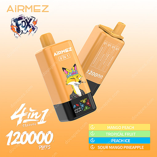 Airmez Fox 4-In-1 Disposable Vape Device Featuring A Fox Illustration, With Flavor And Puff Details Including Mango Peach, Tropical Fruit, Peach Ice, And Sour Mango Pineapple, And A 120,000 Puff Capacity Listed On An Orange Gradient Background.