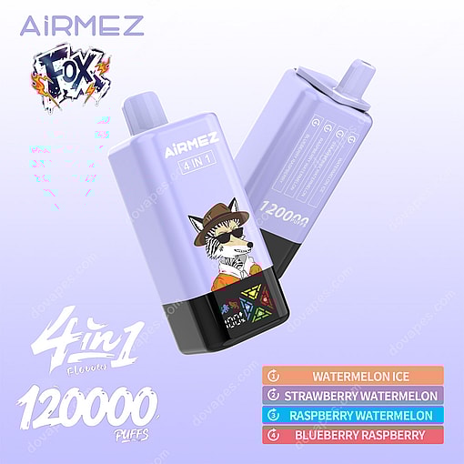 A Purple Airmez Fox 4-In-1 Vape Device With Cartoon Fox Illustration, Flavor Selection Buttons, And Labeled For 120,000 Puffs; Flavor Options Include Watermelon Ice, Strawberry Watermelon, Raspberry Watermelon, And Blueberry Raspberry.