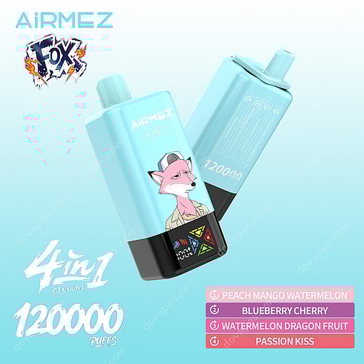 Light Blue Airmez Fox Disposable Vape Device With A Fox Mascot Illustration, Highlighting 4-In-1 Flavors And 120,000 Puffs, With Listed Flavors Including Peach Mango Watermelon, Blueberry Cherry, Watermelon Dragon Fruit, And Passion Kiss.