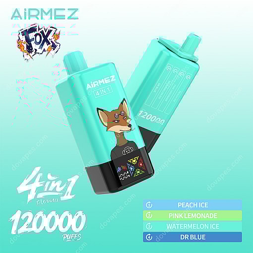 Airmez Fox 4-In-1 Disposable Vape Device In Teal Featuring A Fox Illustration, Product Branding, And Flavor Options: Peach Ice, Pink Lemonade, Watermelon Ice, And Dr Blue, With A 120,000 Puff Capacity Highlighted.