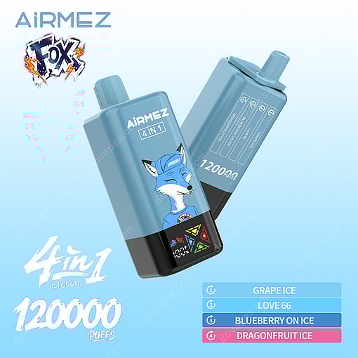Two Blue Airmez Fox Disposable Vape Devices Featuring A Cartoon Fox In A Cap, With Icons Showing Four Available Flavors: Grape Ice, Love 66, Blueberry On Ice, And Dragonfruit Ice, And Promotional Text Indicating 120,000 Puffs And 4-In-1 Flavors.