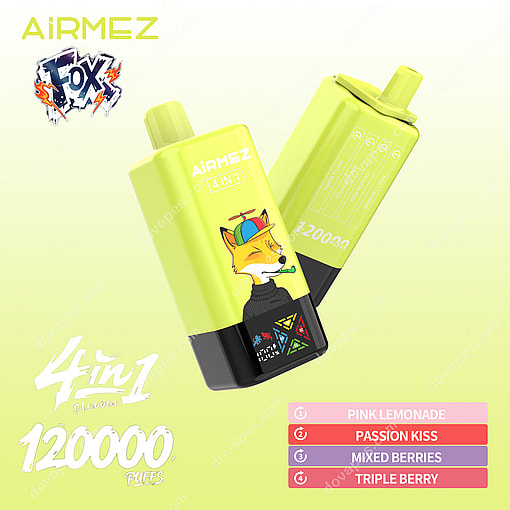 Airmez 4-In-1 Disposable Vape Device Featuring A Cartoon Fox Wearing A Propeller Cap, Offering Four Flavors (Pink Lemonade, Passion Kiss, Mixed Berries, Triple Berry) And Up To 120,000 Puffs.
