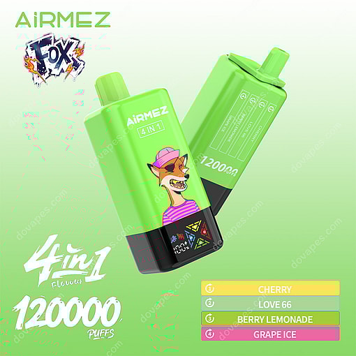 Green Airmez Fox 4-In-1 Vape Device With A Cartoon Fox Wearing A Pink Hat And Striped Shirt, Featuring Selectable Flavors: Cherry, Love 66, Berry Lemonade, And Grape Ice; Labeled For 120,000 Puffs And 12000Mah Battery.