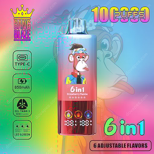 Colorful Vape Device With Cartoon Monkey Wearing A Headband, Labeled '6 In 1 Strawberry Mamba,' Advertising 10,000 Puffs, 850Mah Battery, Type-C Charging, Led Screen, Three Oil Tanks, And Six Adjustable Flavors.