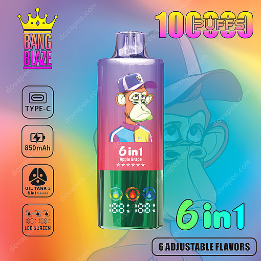 Colorful Vape Device With Cartoon Ape Design, Labeled 'Bang Blaze' And '6 In 1 Apple Grape,' Featuring 10,000 Puffs, Type-C Charging, 850Mah Battery, Oil Tank For 6 Flavors, Led Screen, And Icons For Features Against A Gradient Background.