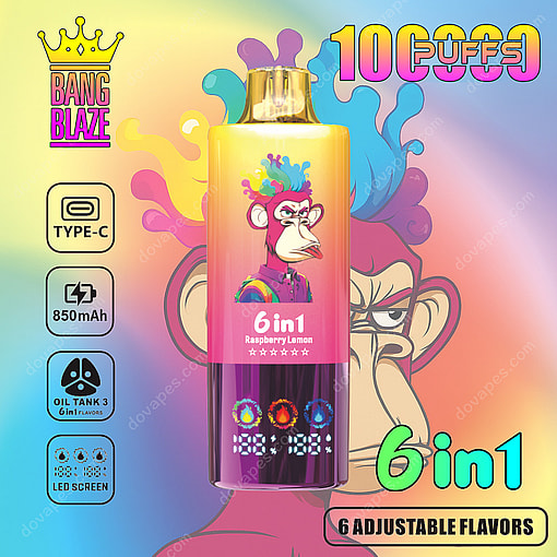 Colorful Vape Device Featuring A Stylized Cartoon Monkey With A Jester Hat, Highlighting Raspberry Lemon Flavor, 6-In-1 Adjustable Options, 850Mah Battery, Oil Tank, Led Screen, And 10,000 Puffs.