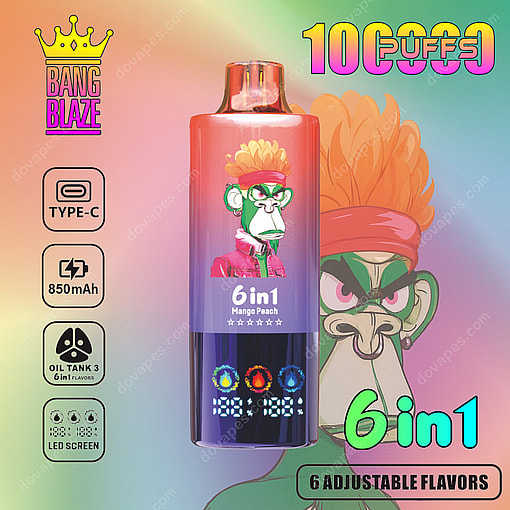 Colorful Advertisement For A Bang Blaze 6 In 1 Vape Device Featuring A Cartoon Monkey With Wild Orange Hair, Product Specifications Like 10,000 Puffs, 850Mah Battery, Type-C Charging, And 6 Adjustable Flavors, With A Digital Screen And Oil Tank Icon.