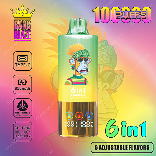 Colorful Advertisement For A Bang Blaze 6-In-1 Disposable Vape Featuring A Cartoon Ape With Sunglasses And A Bandana, Highlighting Features Like 10,000 Puffs, Type-C Charging, 850Mah Battery, Six Adjustable Flavors, Oil Tank Indicator, And Led Screen.