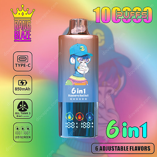 Disposable Vape Device With A Cartoon Monkey Wearing A Blue Cap And Sweater On The Label, Advertising 10,000 Puffs, 6 Adjustable Flavors, 850Mah Battery, Type-C Charging, Oil Tank, And Led Screen, With A Rainbow-Colored Background.
