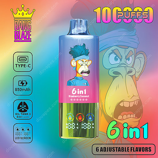 Colorful Promotional Image For Bang Blaze 6-In-1 Disposable Vape With A Cartoon Ape Character, Highlighting Features Like 10,000 Puffs, Type-C Charging, 850Mah Battery, Led Screen, And Six Adjustable Flavors (Blueberry Coconut Shown).