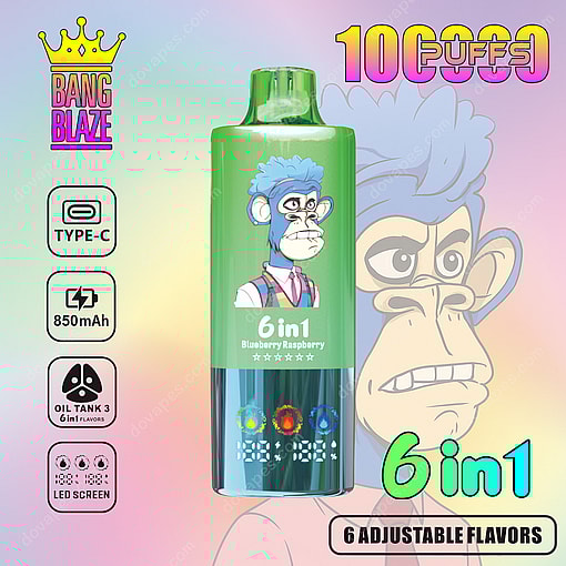 Colorful Vape Device Featuring A Cartoon Blue Ape In Glasses, Labeled 'Bang Blaze 6 In 1 Blueberry Raspberry,' With Icons Indicating Type-C Charging, 850Mah Battery, Adjustable Flavors, Led Screen Display, And Up To 10,000 Puffs.
