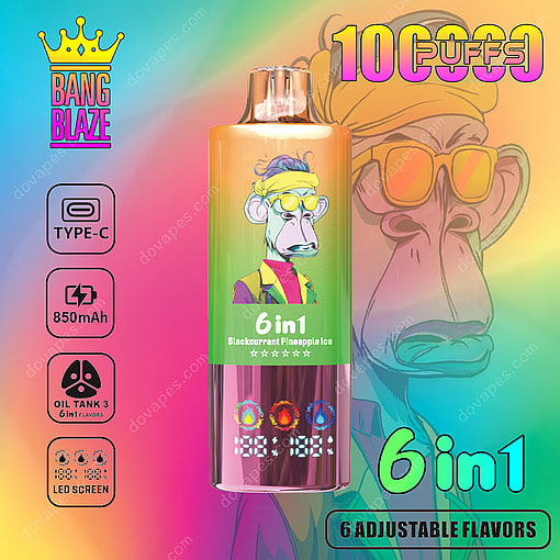 Colorful Vape Device Labeled '6 In 1 Blackcurrant Pineapple Ice' With A Stylized Cartoon Ape Wearing Sunglasses, Featuring 10,000 Puffs, 850Mah Battery, Type-C Charging, Adjustable Flavors, Led Screen, And Oil Tank Details.