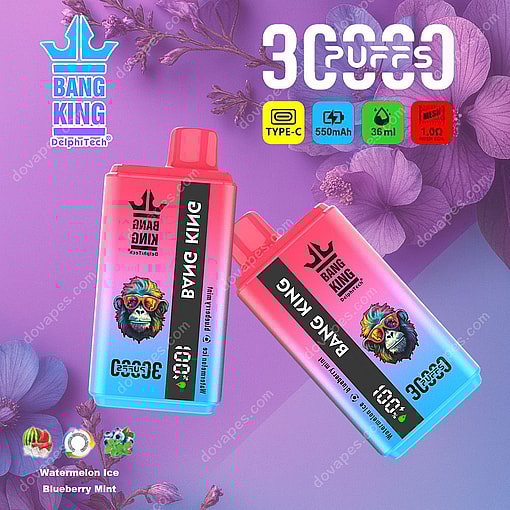 Two Colorful Bang King Disposable Vape Devices With A Cartoon Gorilla Illustration, Set Against A Purple Floral Background, Featuring Watermelon Ice And Blueberry Mint Flavors And Highlighting Specifications Like 30000 Puffs, Type-C Charging, 550Mah Battery, 36Ml Capacity, And Mesh Coil.