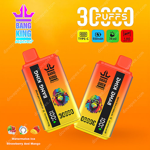 Two Bang King Disposable Vape Devices With Colorful Monkey Graphics On A Bright Orange Background, Highlighting 30000 Puffs, Type-C Charging, 550Mah Battery, 36Ml Capacity, 1.0Ω Mesh Coil, And Watermelon Ice, Strawberry, And Mango Flavors.