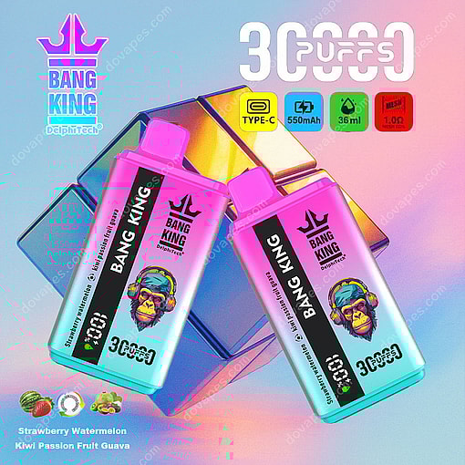 Two Colorful Bang King Disposable Vape Devices With A Gradient Background, Product Branding, Flavor Names, Technical Icons, And A Large '30000 Puffs' Label.